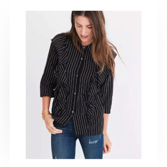 Madewell pinstripe blouse ruffle  top - Picture 1 of 7